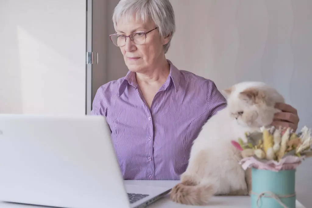 Senior Woman Working On Laptop At Home Or Uses Some Online Services Or Buys Something