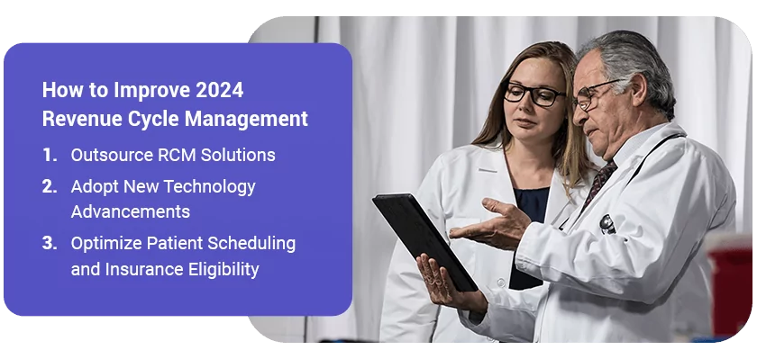 how to improve revenue cycle management 1. outsource RCM solutions 2. adopt new tech advancements 3. optimize patient scheduling and insurance eligibility
